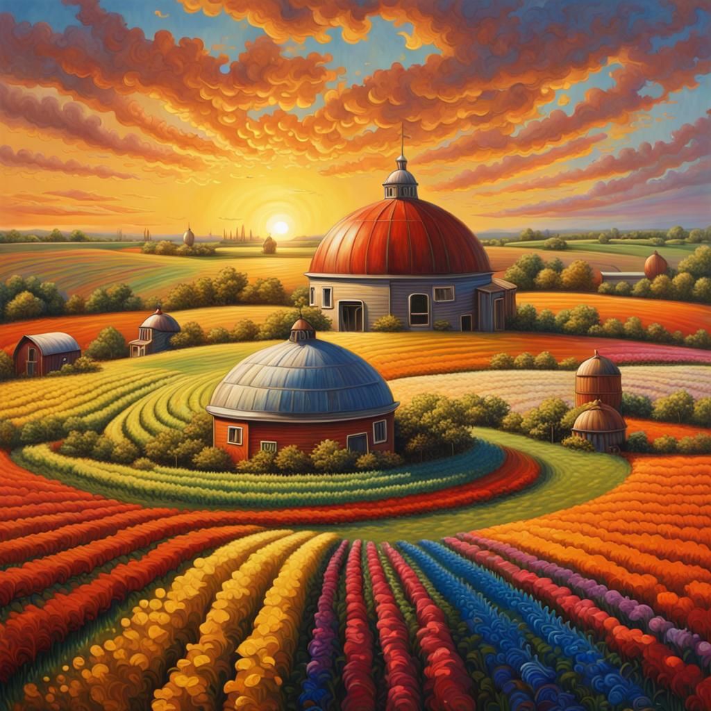 Hyperrealistic Dome Farm with Gnomes and Sunset