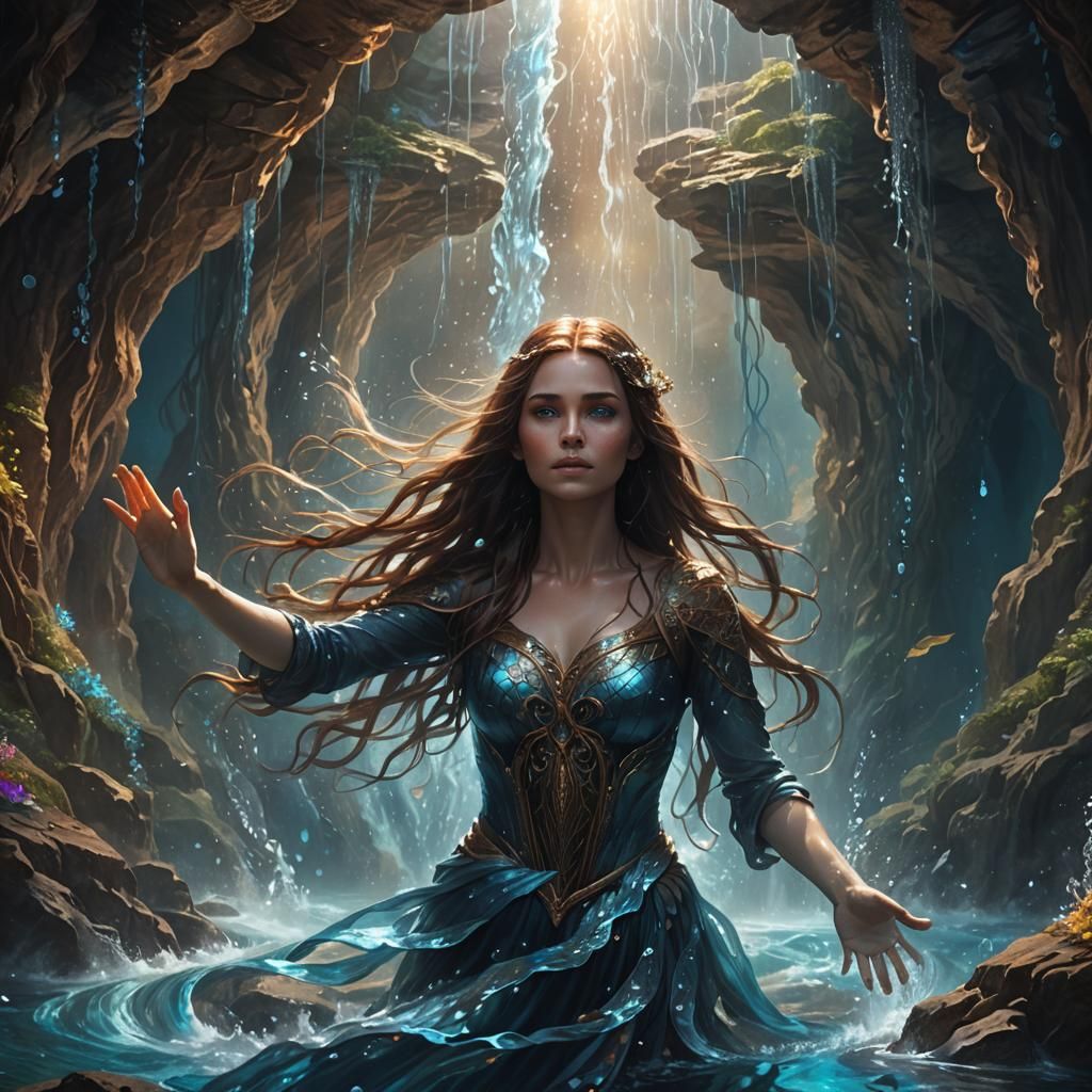 Underwater Cavern: Girl Controlling Water as Digital Art