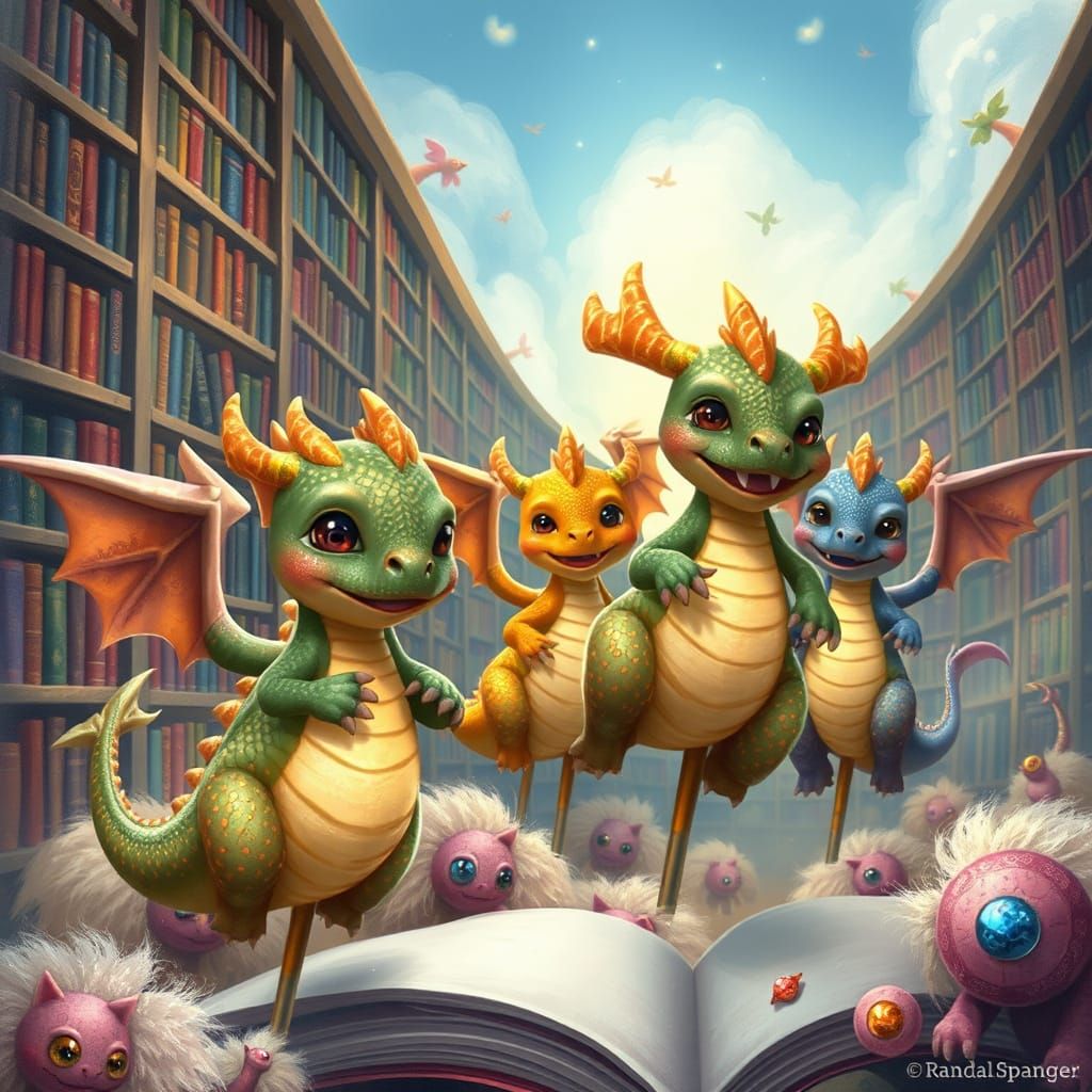 Whimsical World of Book-Loving Dragons at Play