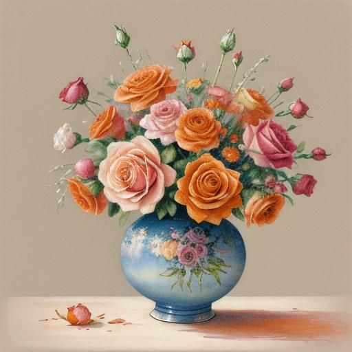 Porcelain Vase of Roses in Whimsical Illustration