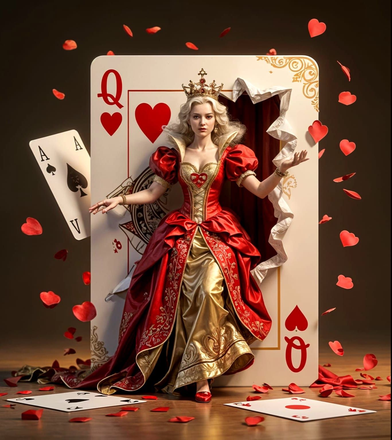 Queen of Hearts Emerges From Card in 3D Illustration