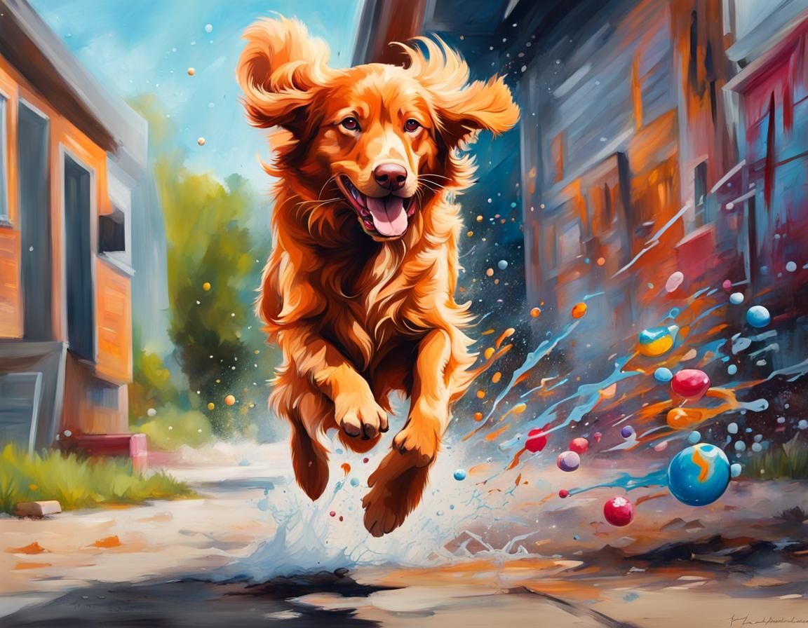 Dog Running with Toy: Graffiti Art Style