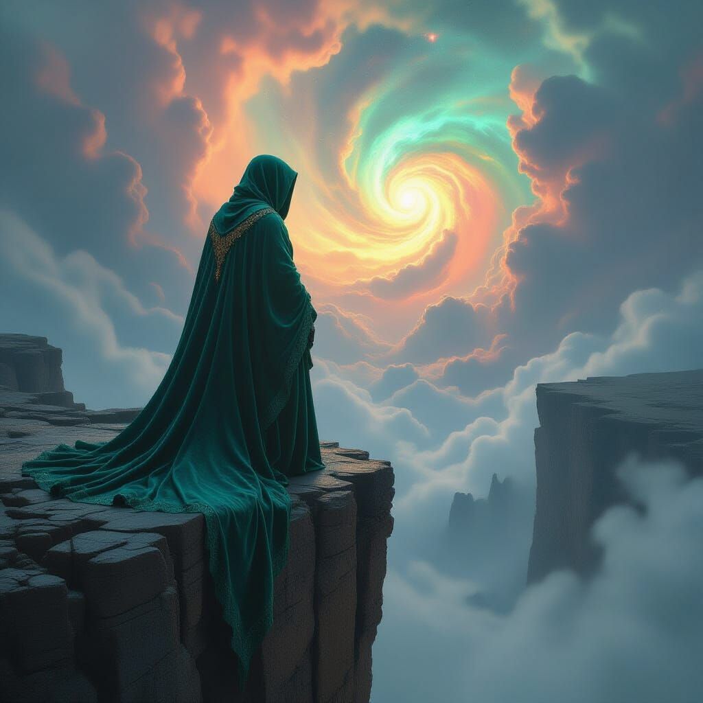 Grotesque Creature in Velvet Robe on Cliff Edge Amidst Nebul...