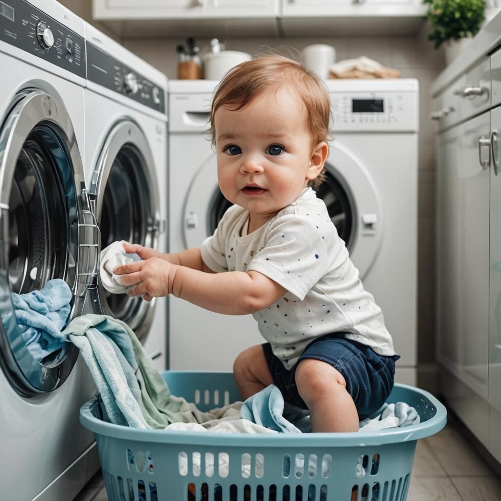 Adorable Baby Washing in Laundry Room