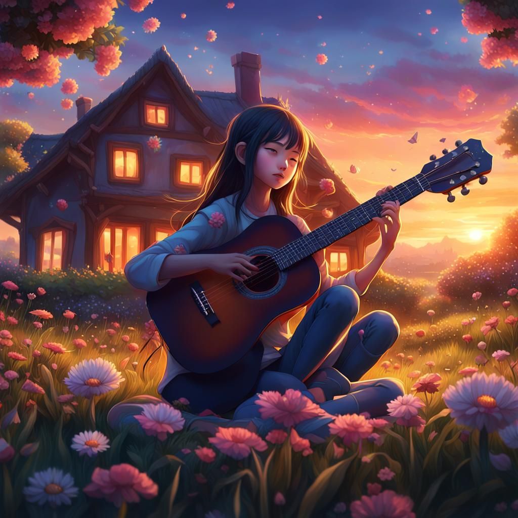 Girl Playing Guitar at Sunset: Fantasy Art