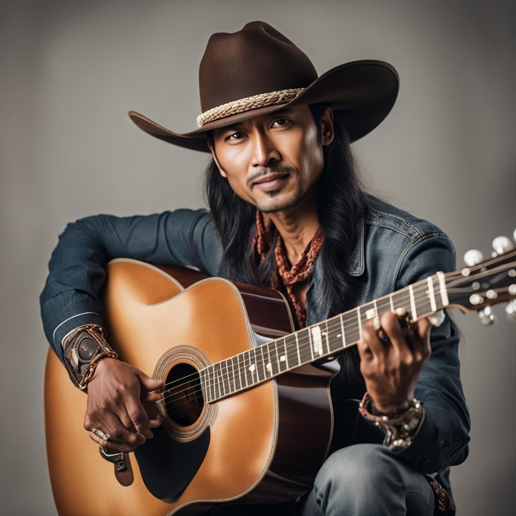 Asian Indian Singer with Cowboy Hat and Guitar