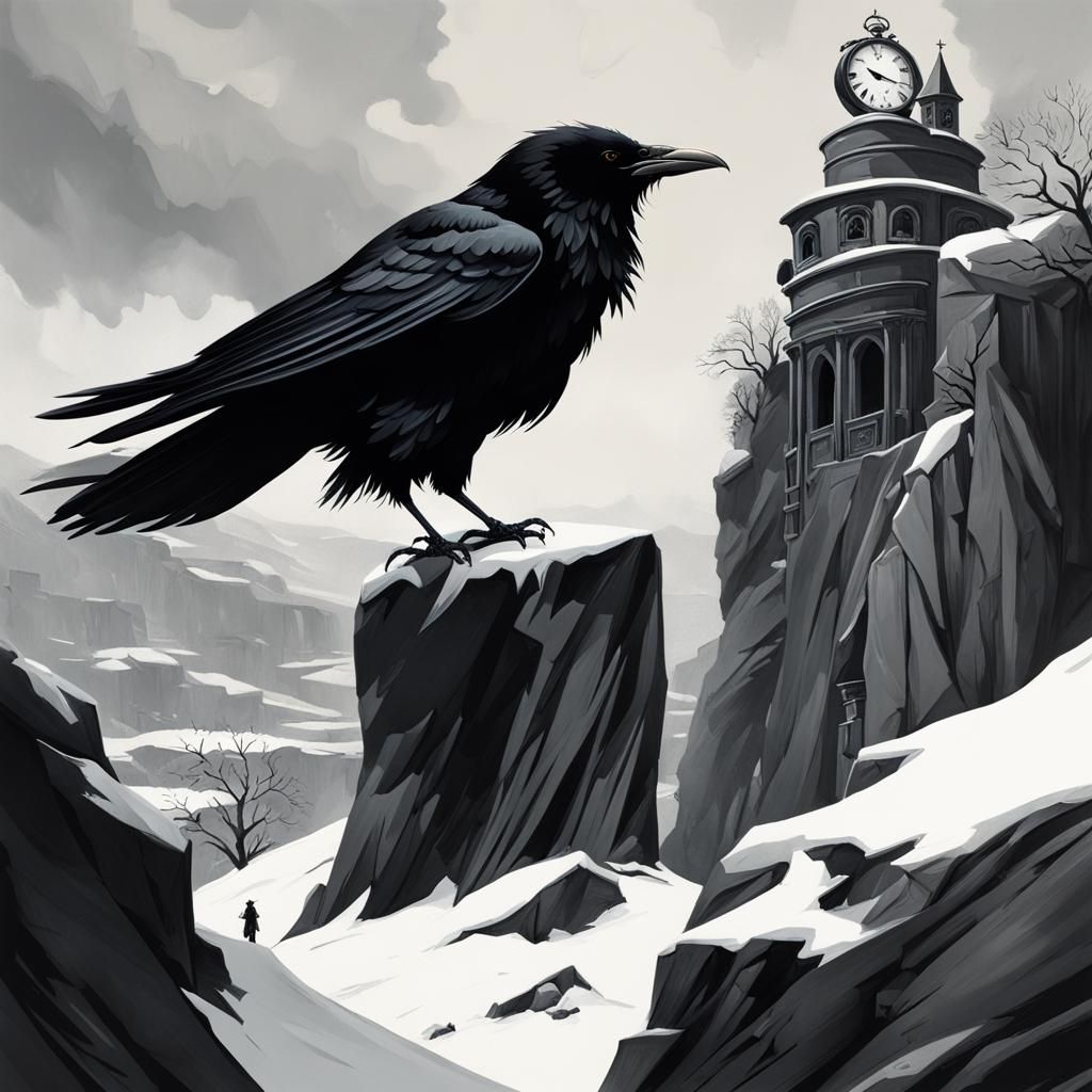 Demon Raven Guarding Cliff in Clockpunk Dreamscape