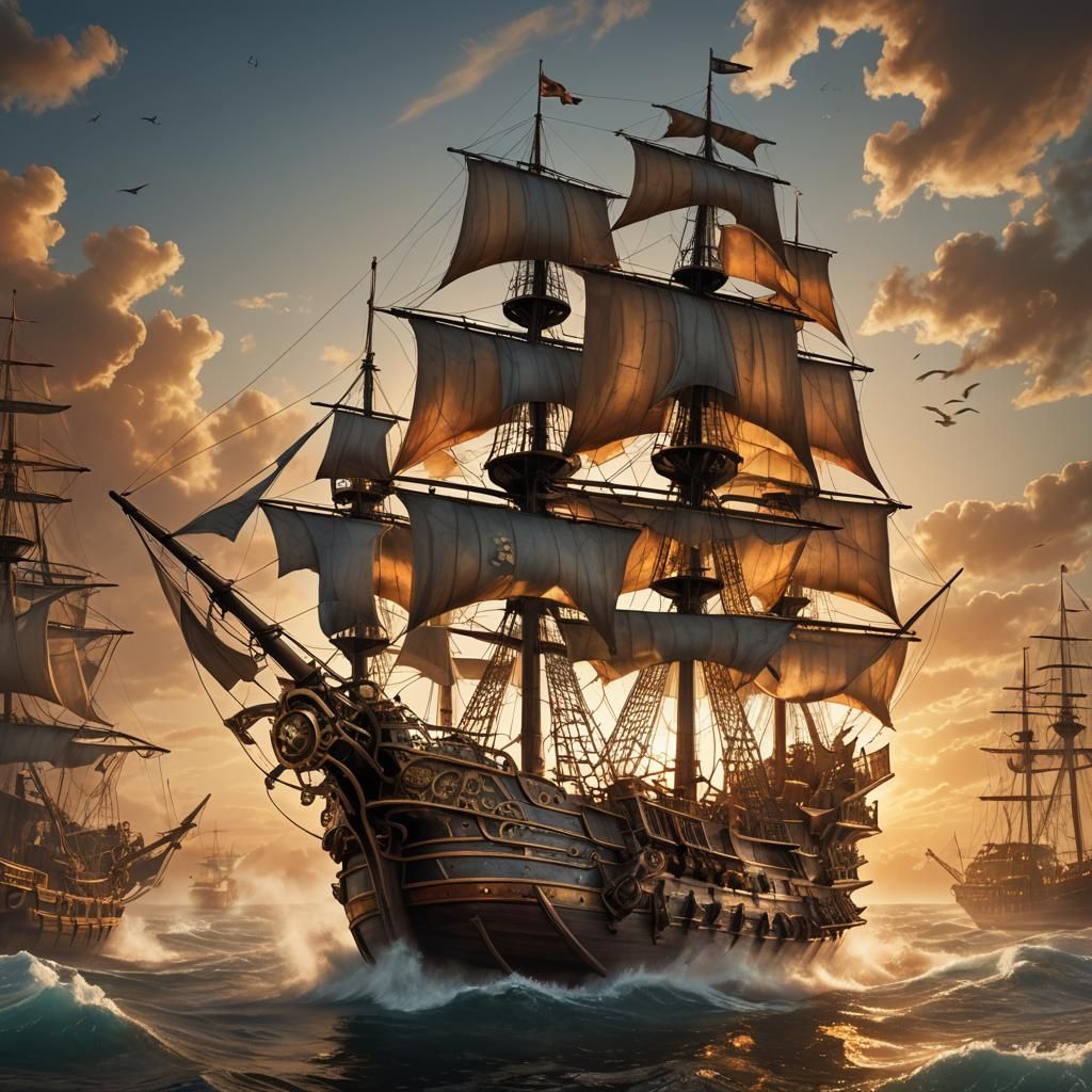 Steampunk Pirate Ship Sailing Towards Sunset