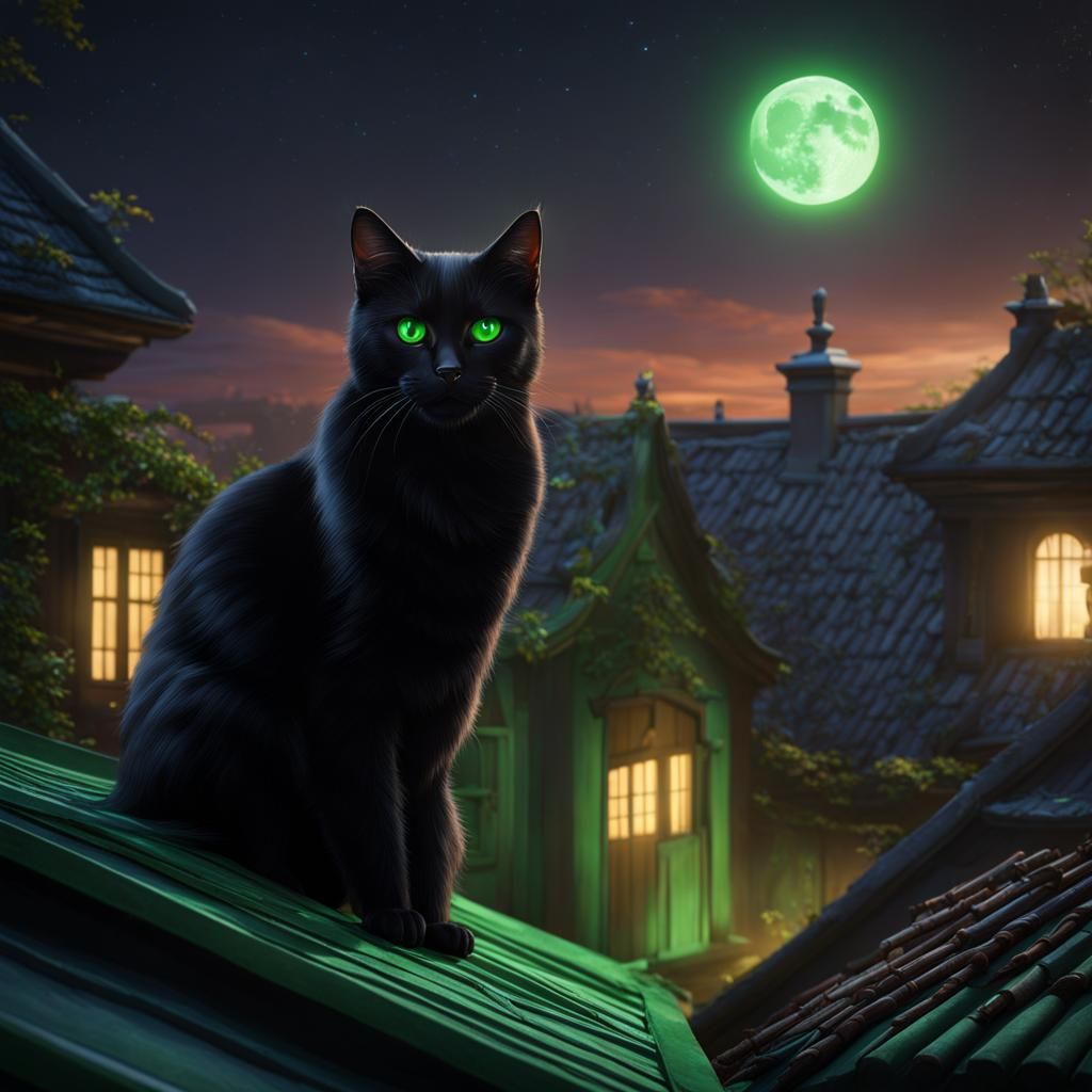 Green-Eyed Black Cat on Moonlit Roof