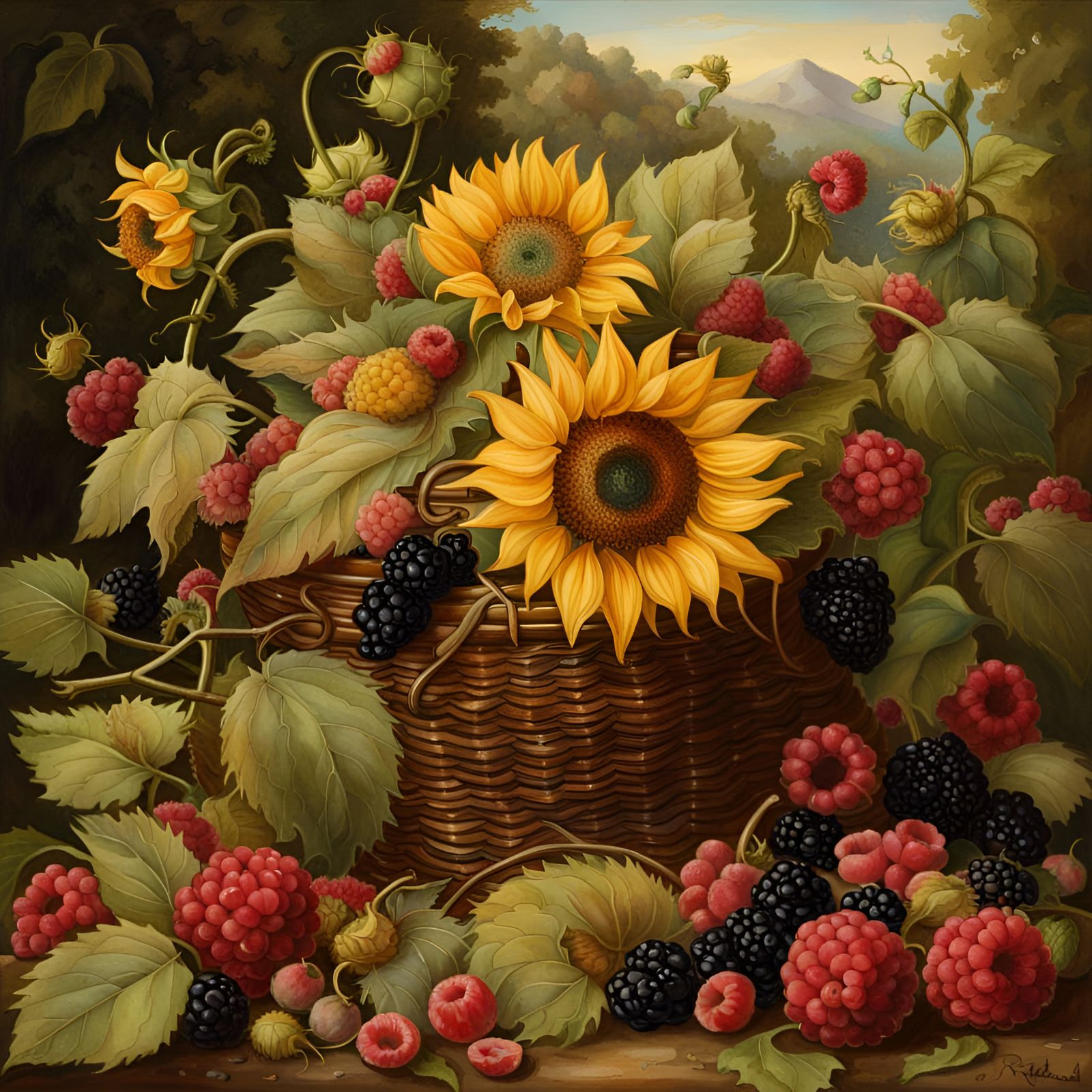Sunflowers, raspberries and blackberries in a basket