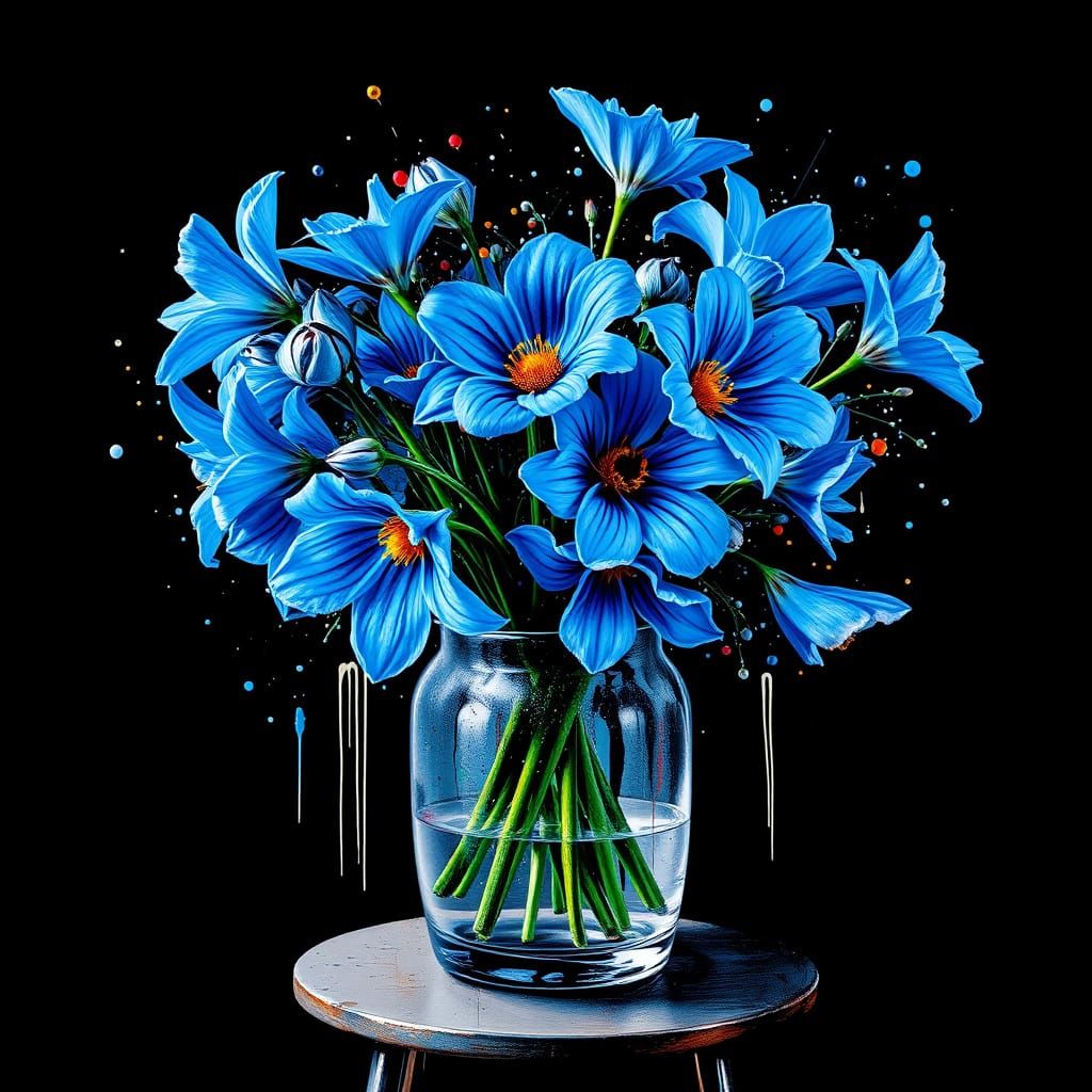 Blue Flowers in Vase: Graffiti Art Style