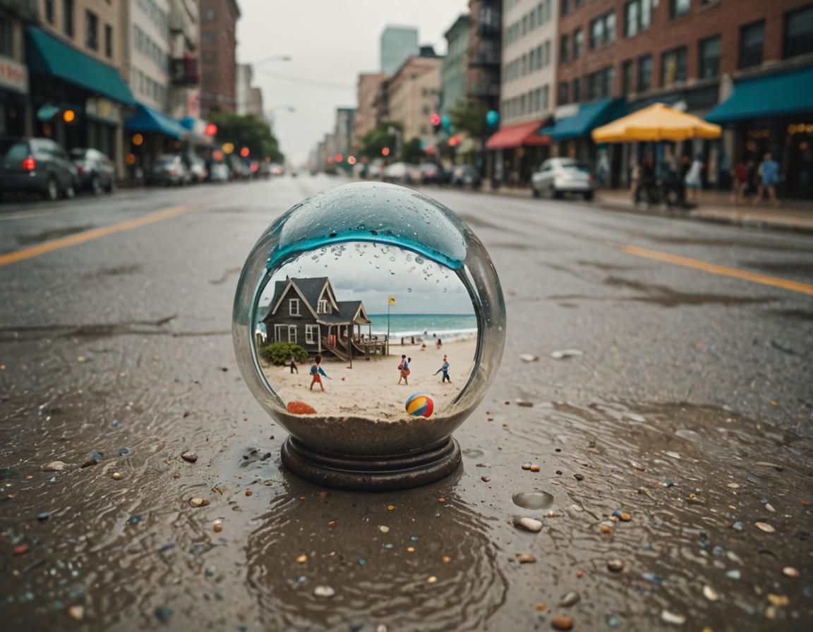 Beach Scene in Glass Globe, Cinematic Still