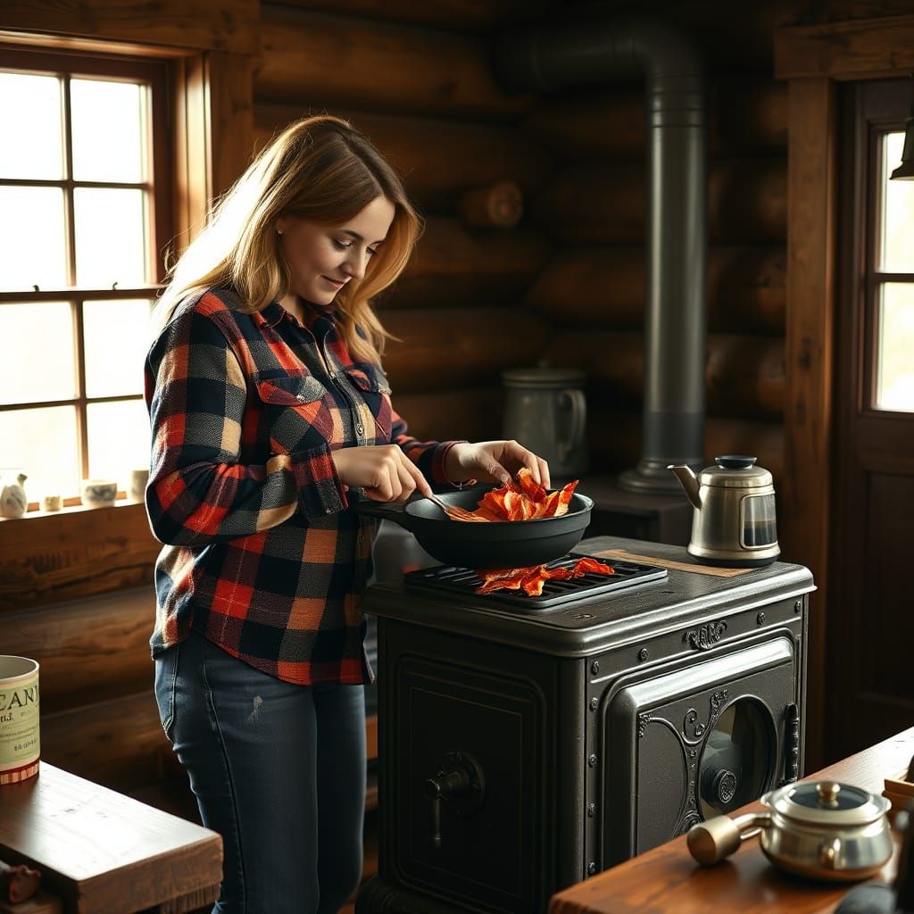 Cozy Log Cabin Breakfast Scene in Nostalgic Realism Style