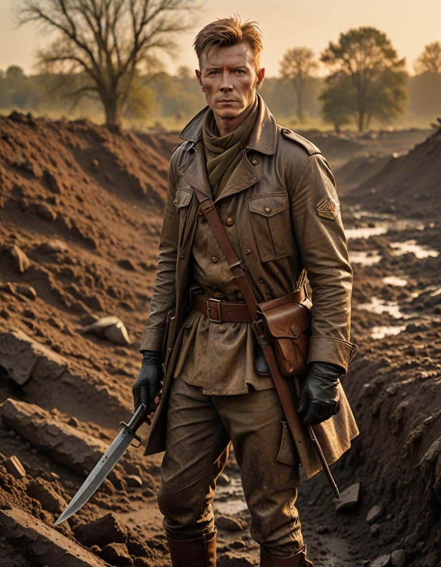 Retro Soldier in Muddy Trench, Holding Bowie Knife