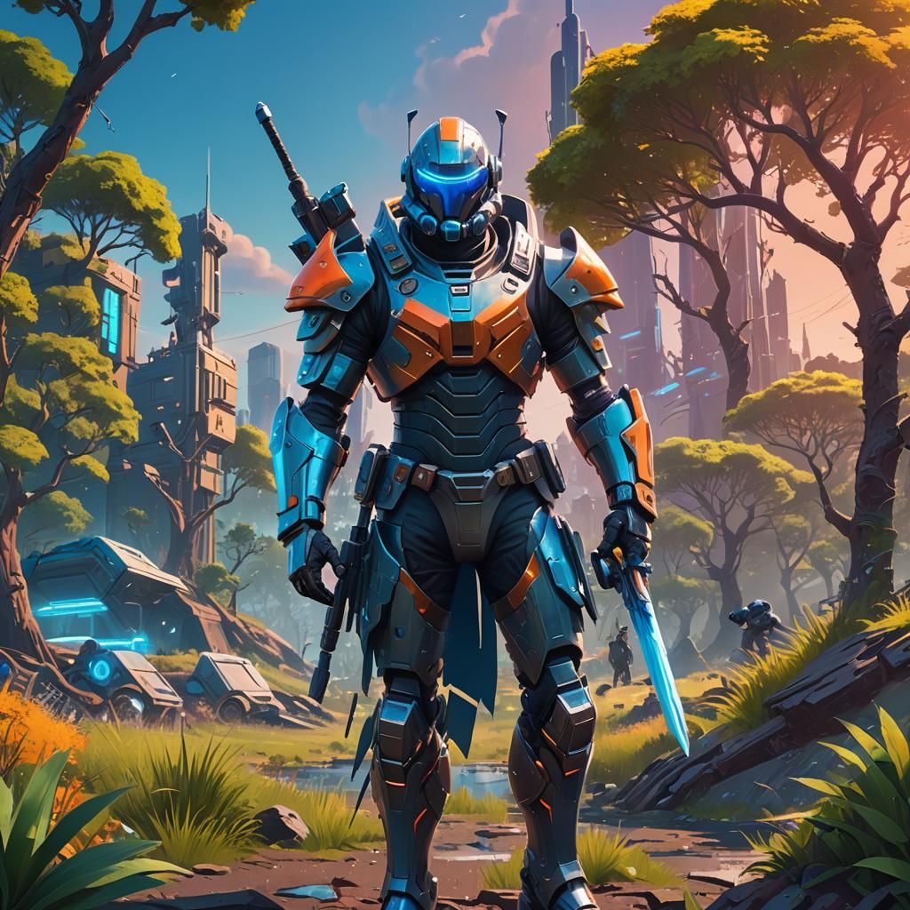 Futuristic Fortnite Warrior in Post-Apocalyptic Landscape