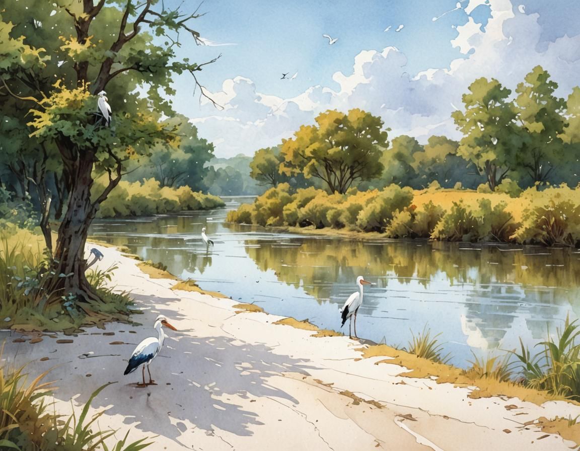 Storks Over Serene Landscape in Watercolor Comic Art