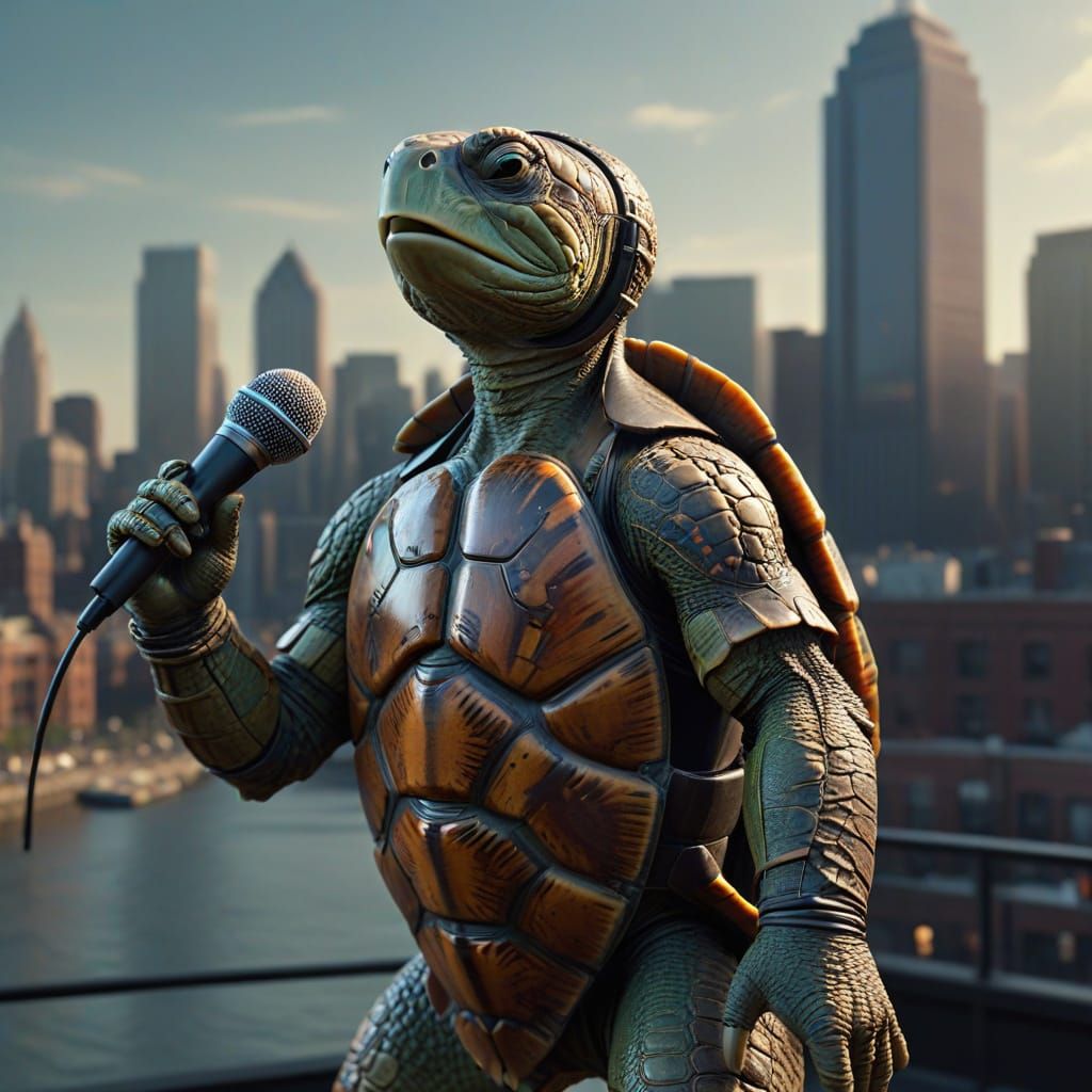 Turtle Singer on Stage in Photorealistic Style
