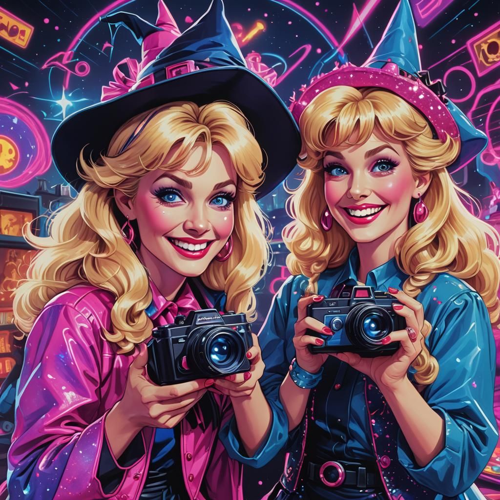 Retro Cartoon: Two Blonde Witches with Cameras