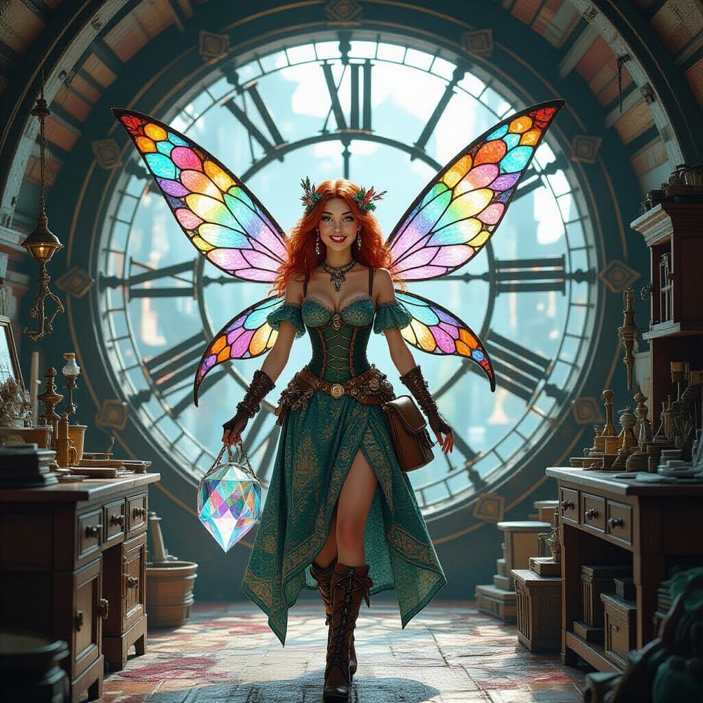 Time-Traveling Crystal Fairy in Steampunk Clock Tower