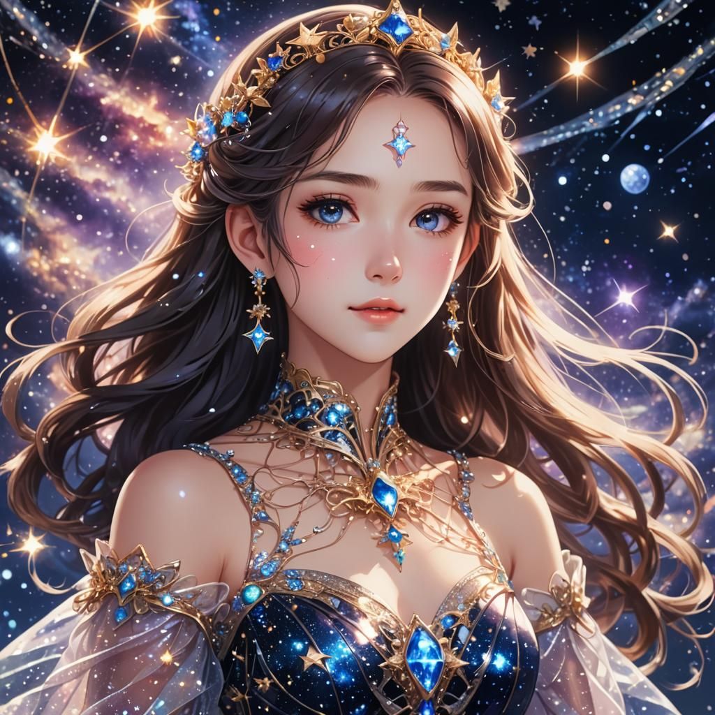 Anime Princess Portrait with Galaxy Dress and Star Jewelry