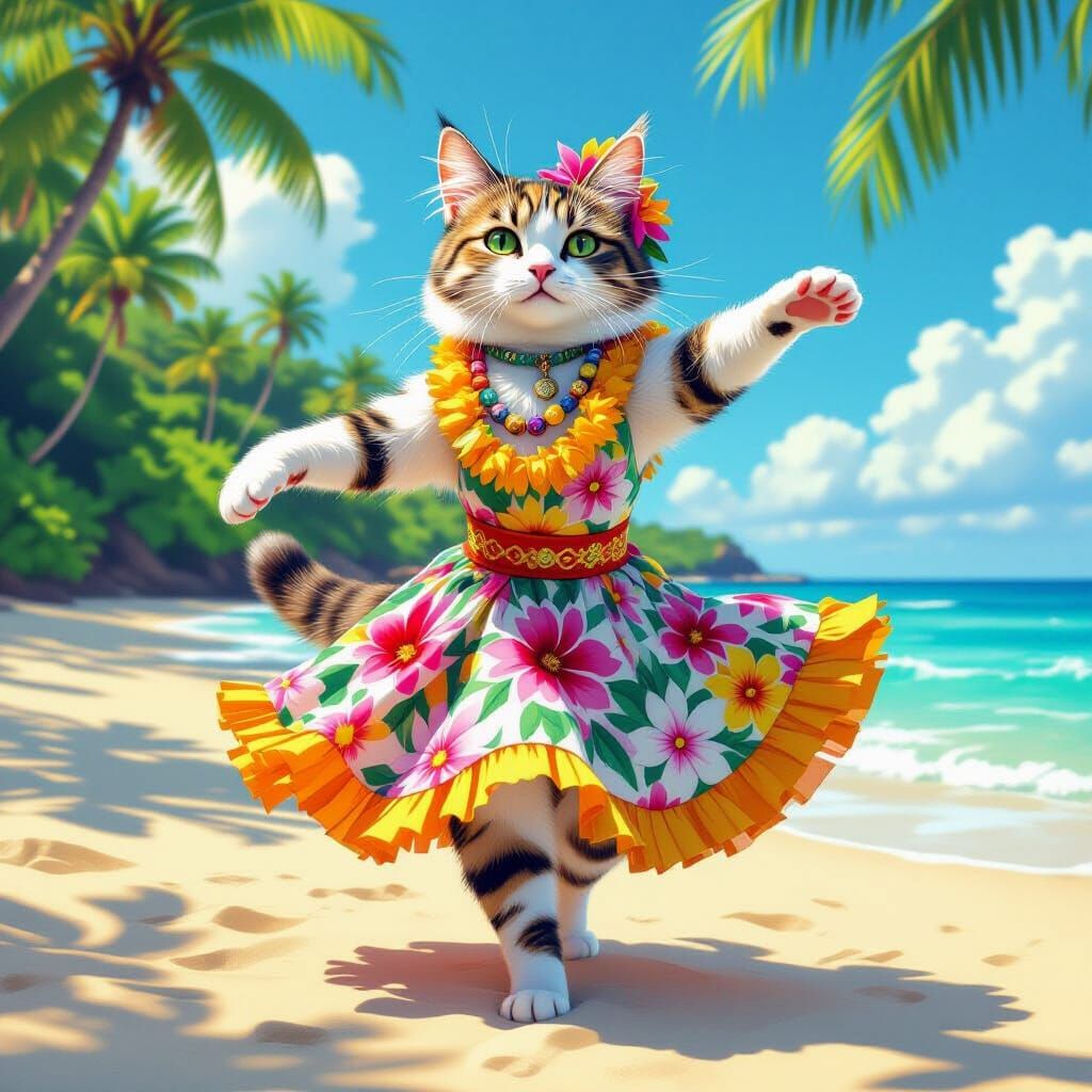 Cat Dancing in Hula Dress on Sunny Beach