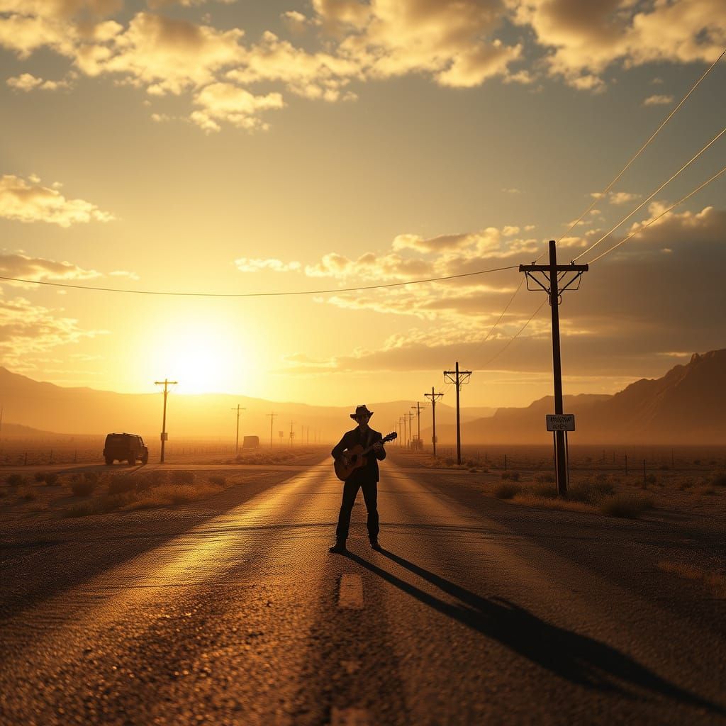 Epic Musician at Highway 61 Crossroads in Photorealistic Sty...