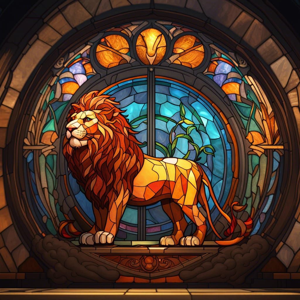 Stained Glass Lion in Art Nouveau Style
