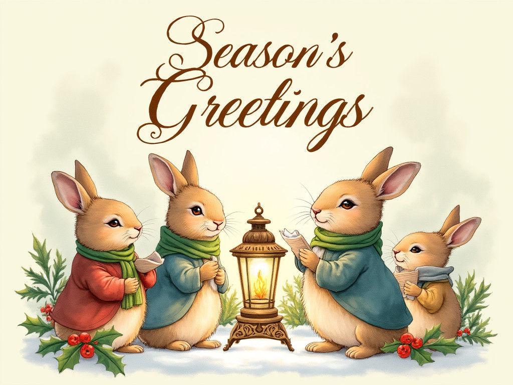 Rabbits Singing Christmas Carols in Watercolor Style