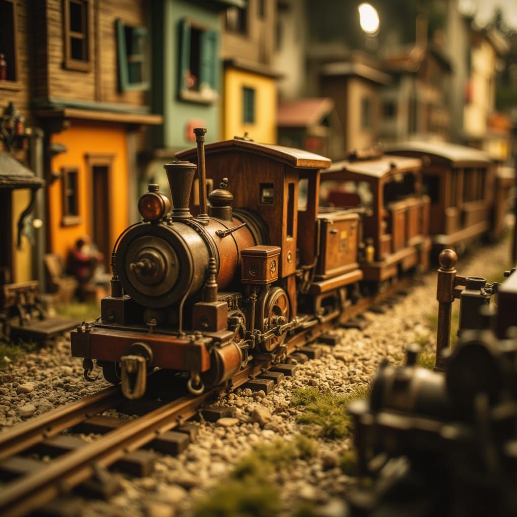 Detailed Wooden Toy Train on Railway Tracks