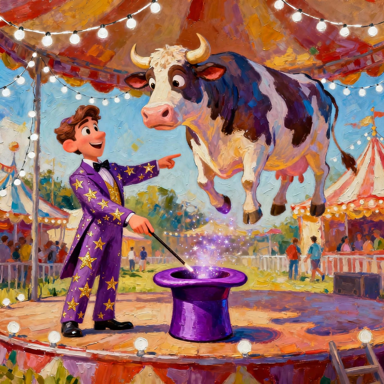 Magician Pulls Floating Cow From Top Hat at Carnival