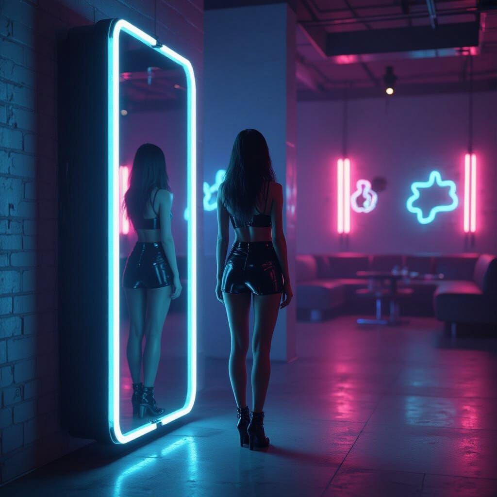 Woman Reflected in Empty Club Mirror