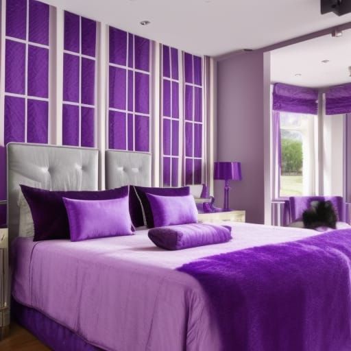 Luxurious purple penthouse with purple walls& Beautiful windows& purple furniture& purple kitchen, purple bedroom, purpl...