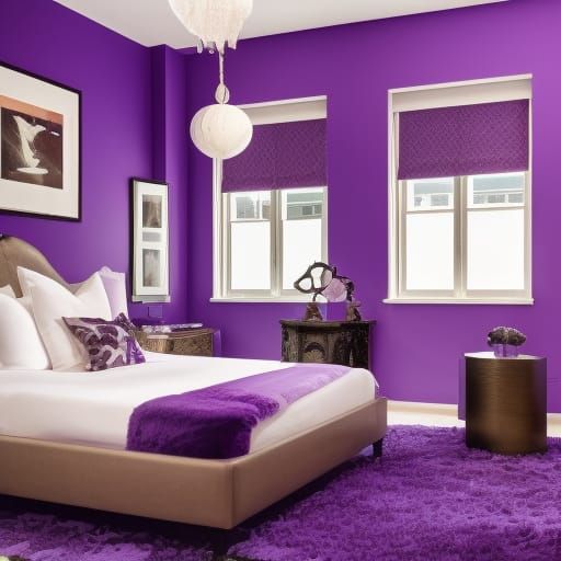 Luxurious purple penthouse with purple walls& Beautiful windows& purple furniture& purple kitchen, purple bedroom, purpl...