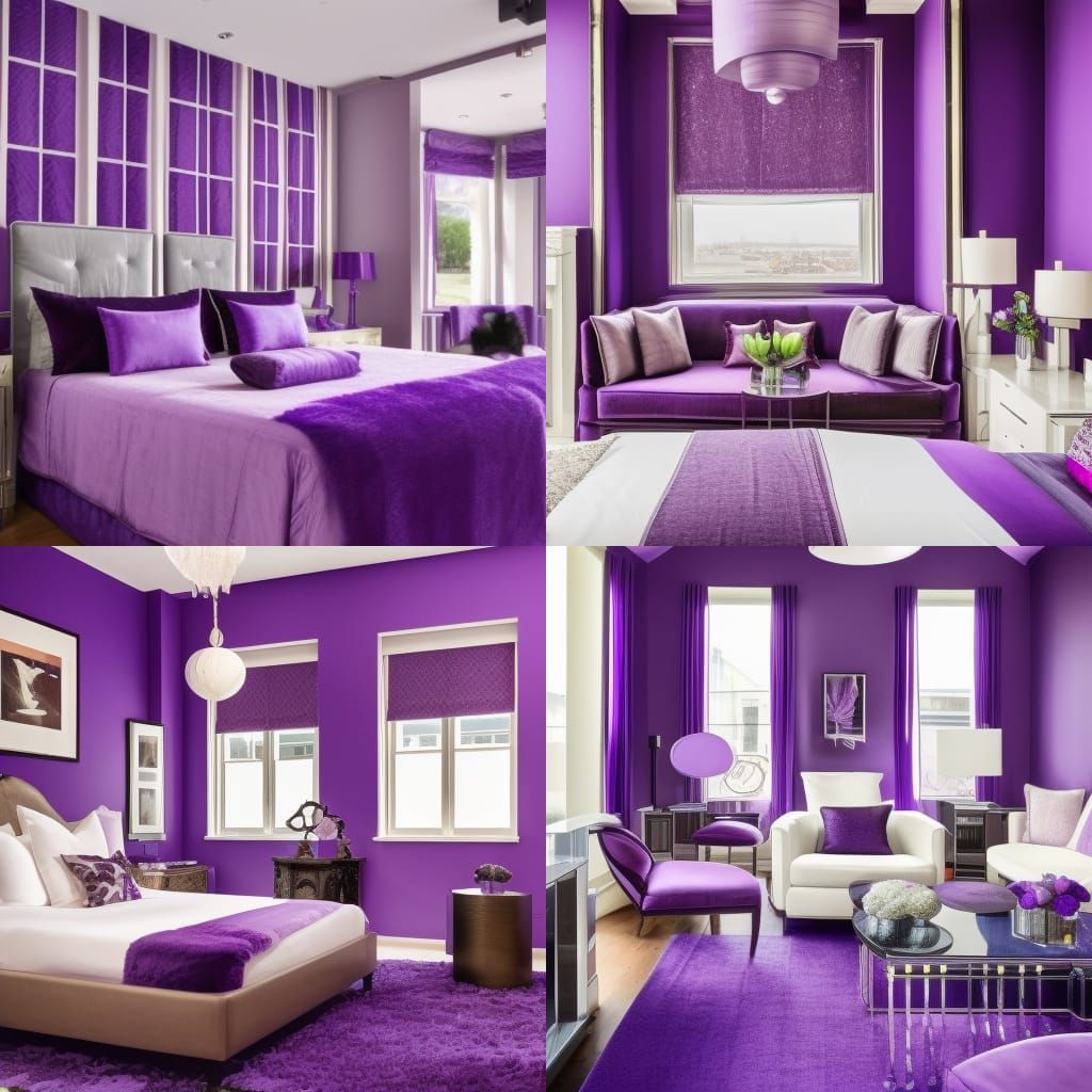 Luxurious purple penthouse with purple walls& Beautiful windows& purple furniture& purple kitchen, purple bedroom, purpl...