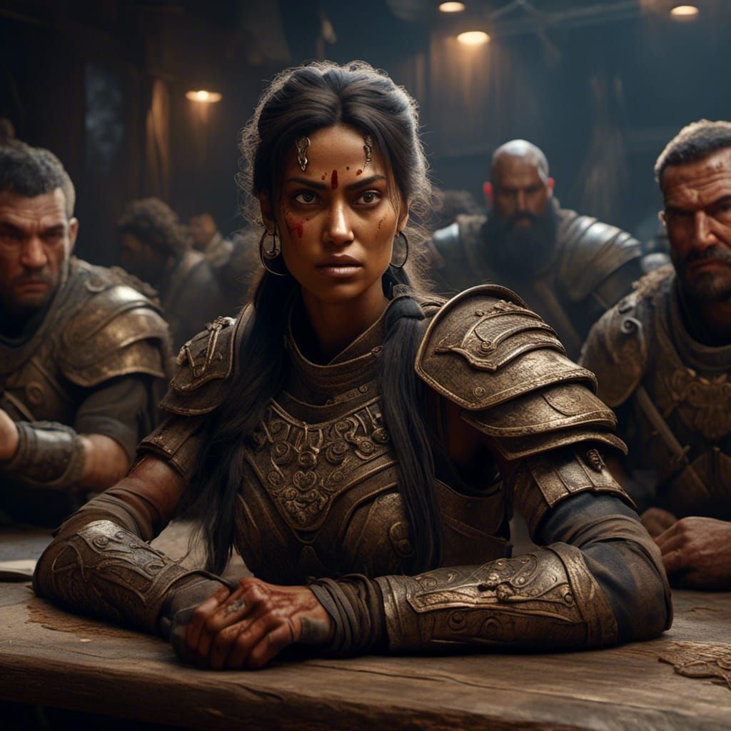 <lora:Woman warrior:1.0> Hyperrealistic, woman, woman warrior, strong woman. A tan skin woman sitting in a tavern with o...