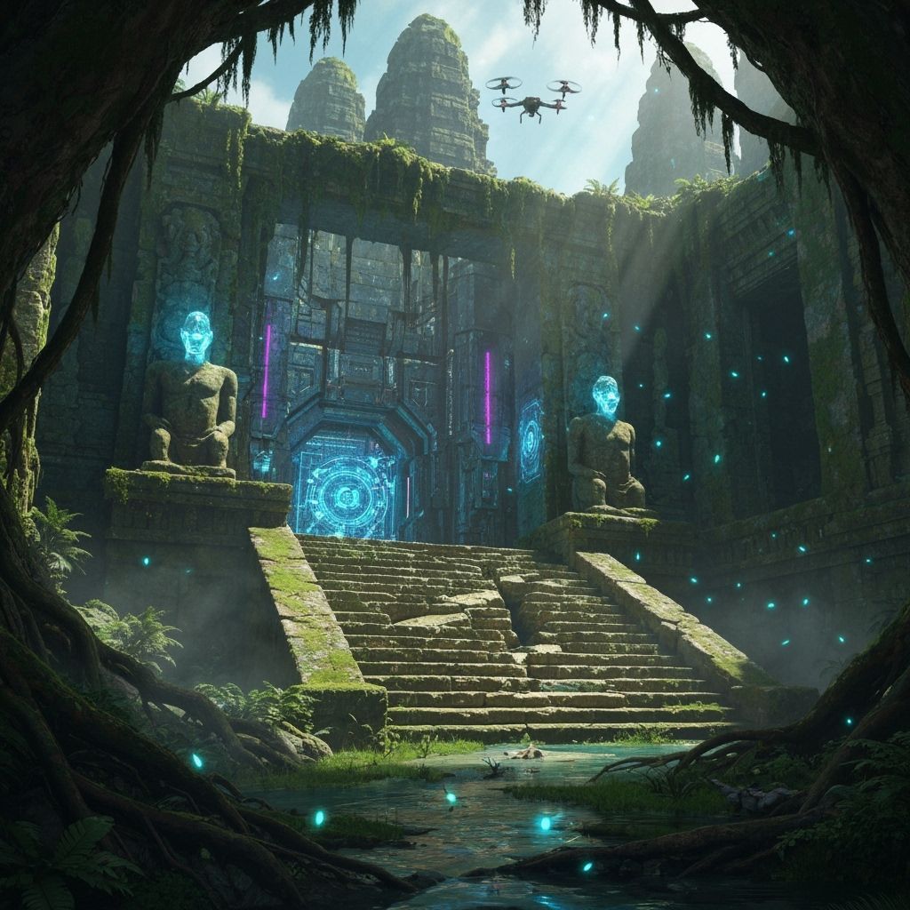 Hidden Jungle Temple With Neon Light and Alien Tech