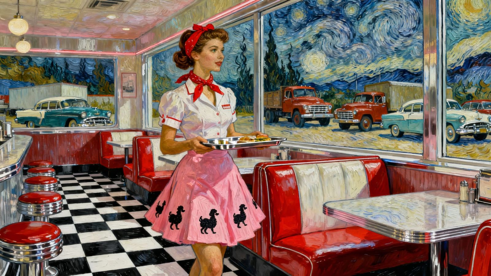 1950s Waitress in Pink Poodle Skirt Holding Food Tray