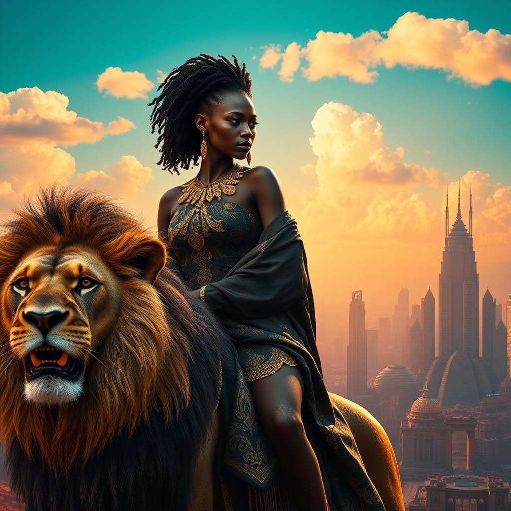 Regal African Warrior Rides Lion Through Dystopian Cityscape...