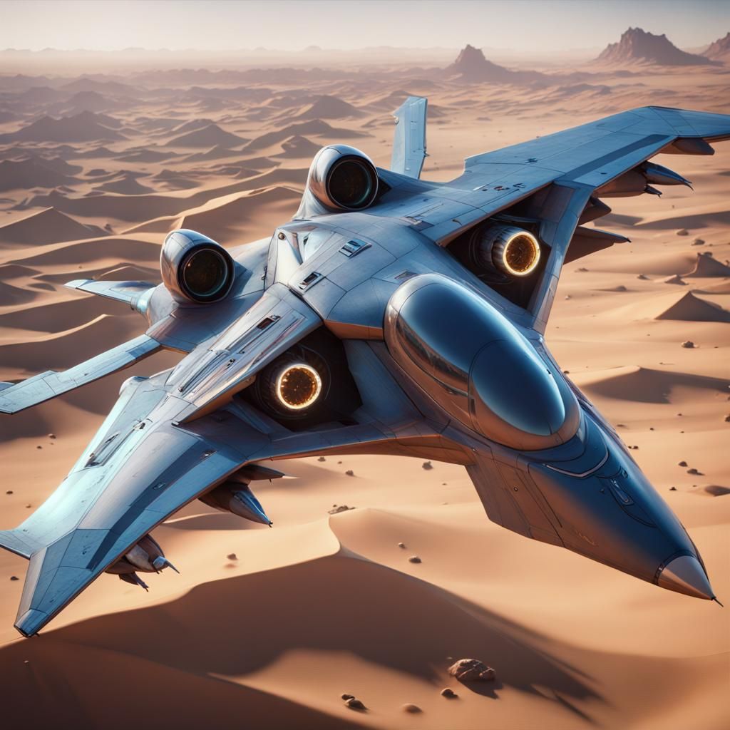 Futuristic Jet Fighter Over Desert, Detailed Matte Painting