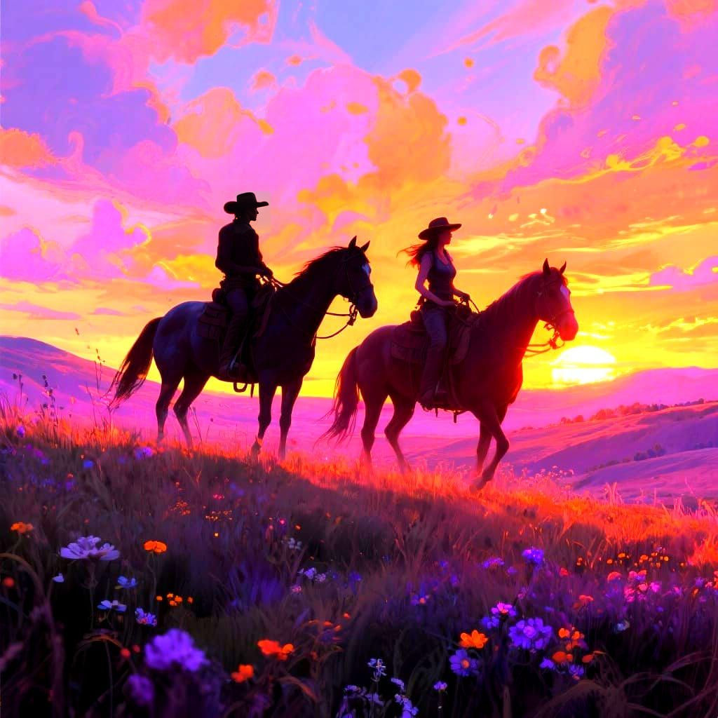 Sunset Ride: Cowboy and Cowgirl in Digital Art