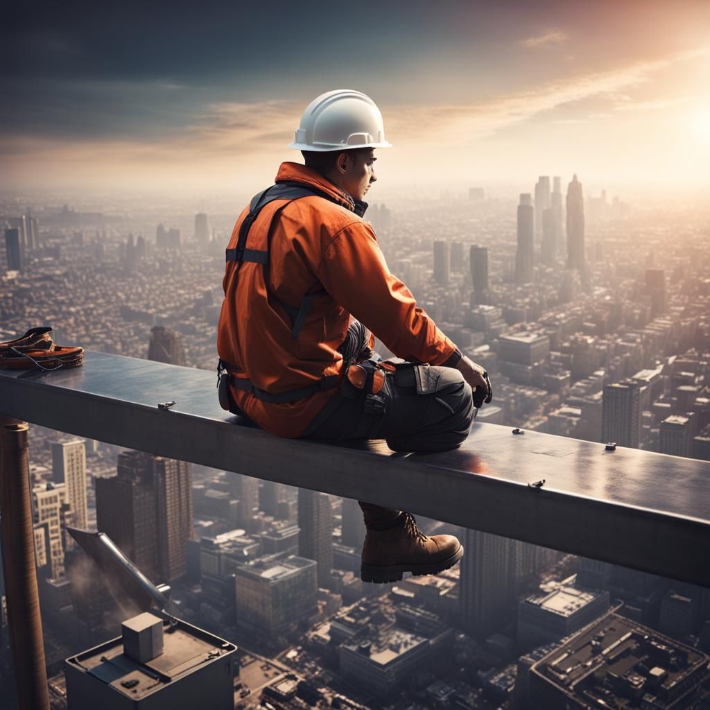 Construction Worker's Coffee Break High Above City
