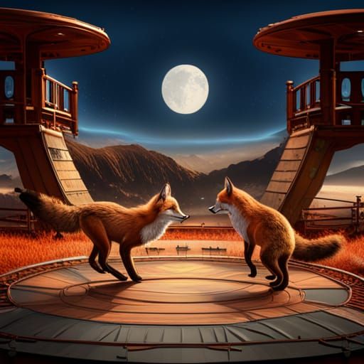 Two foxes and two baby cougars bouncing on a trampoline. Bac...