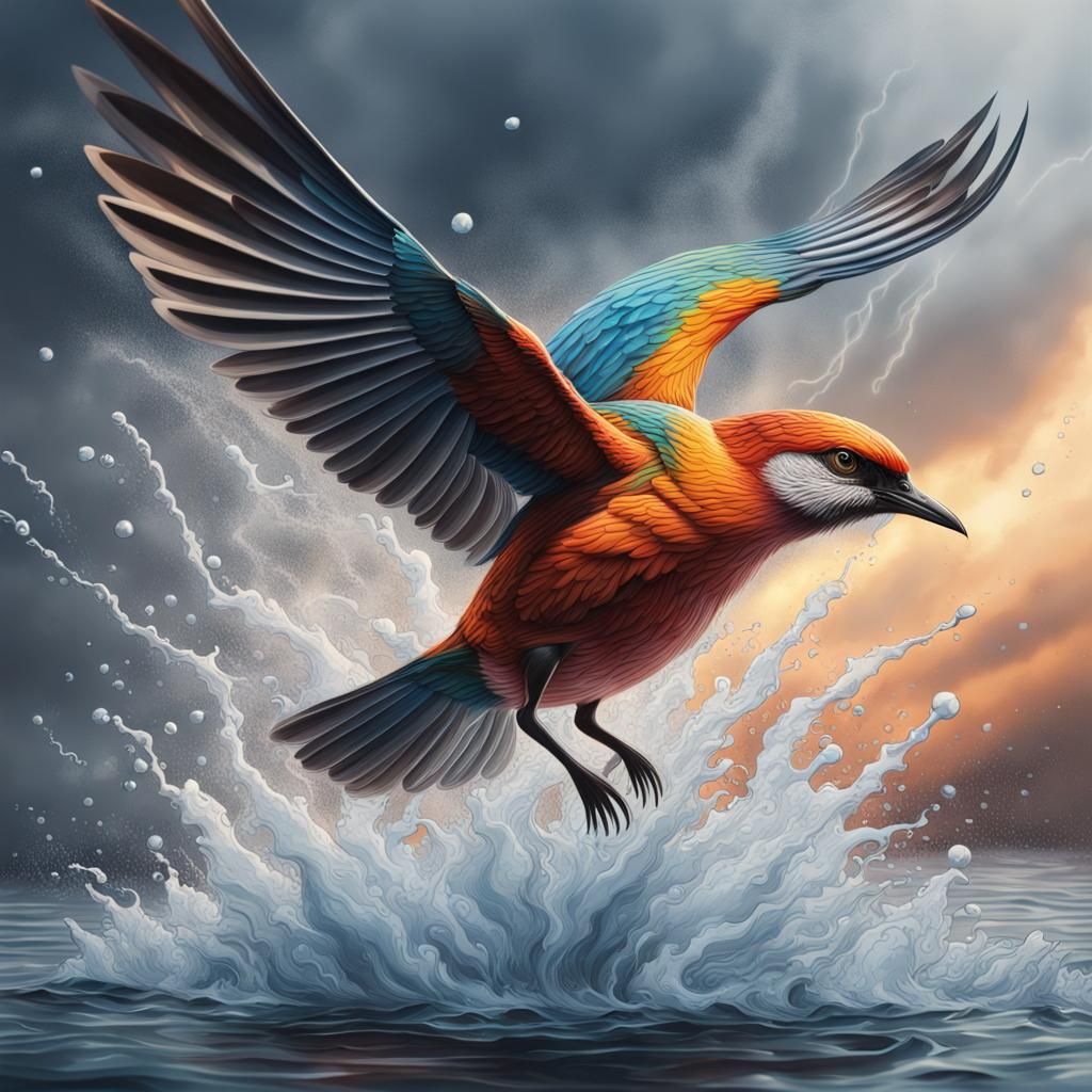 Hyperrealistic Bird Diving in Stormy Waters
