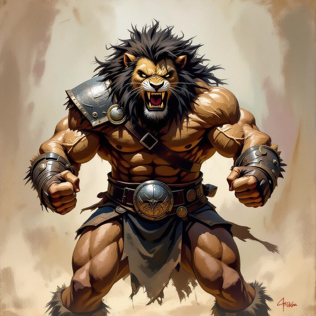 Fierce Lion Barbarian Brawler in Gritty Arena
