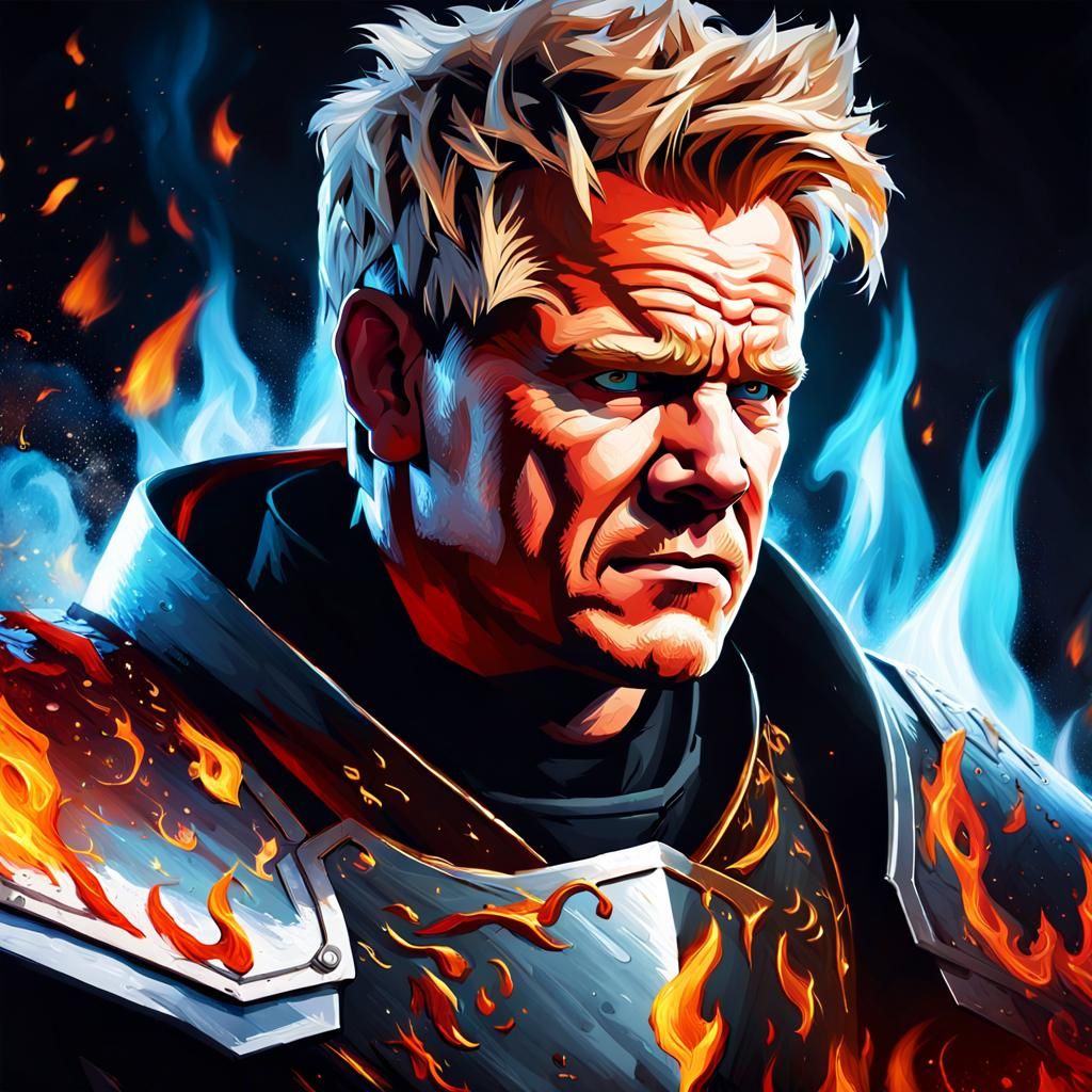 Gordon Ramsay Paladin in Fiery Hyperrealistic Art