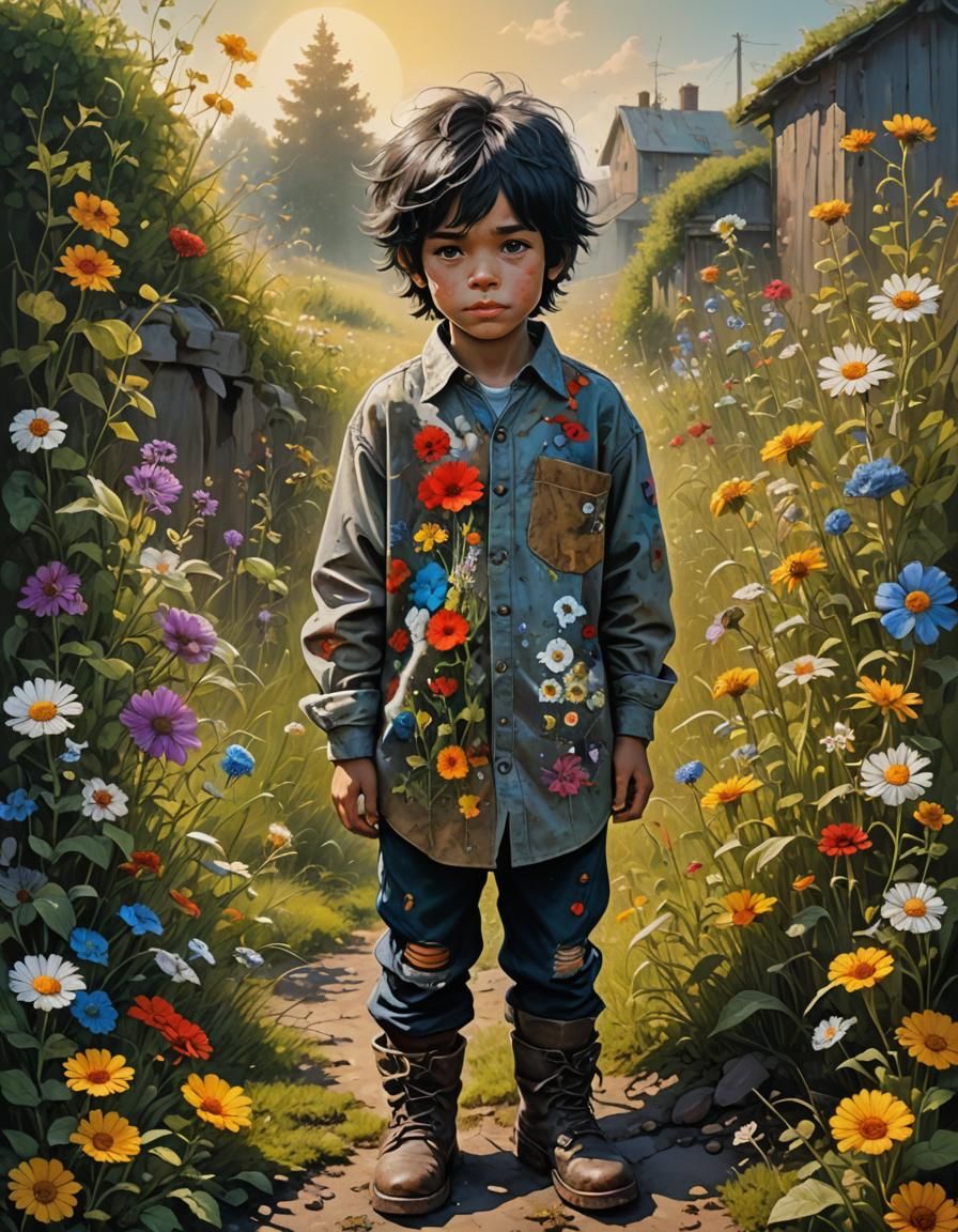 textured, Airbrushed image of a cute messy-black-haired thin...