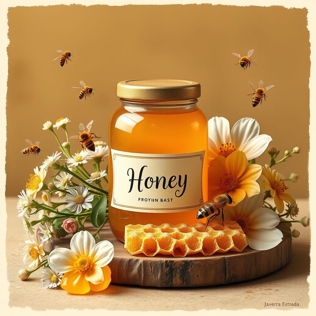 Rustic Honey Advertisement with Golden Honey and Flowers