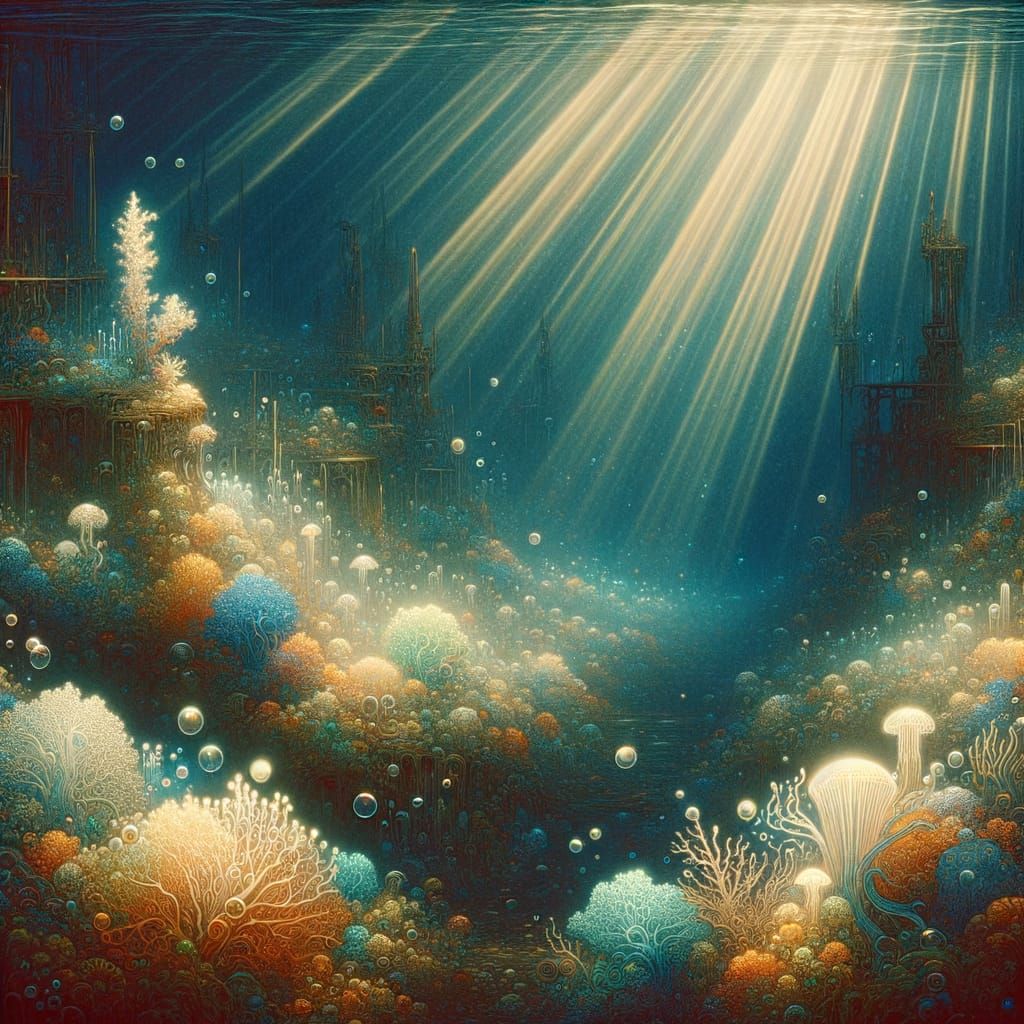 Glowing Coral Reef with Sunken Structures in Art Nouveau Sty...