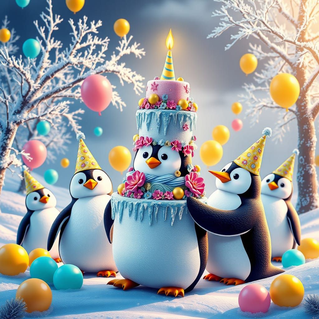 Penguins Celebrate Winter Wonderland Birthday in Vibrant Col...