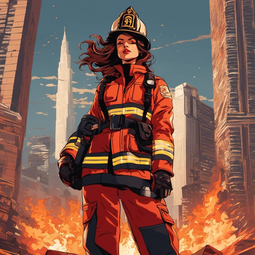 Female Firefighter Vector Art in Triumphant Pose